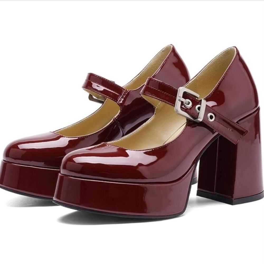 Platform Red Patent Leather Mary Jane Chunky Heel Round Toe Buckle Womens 8